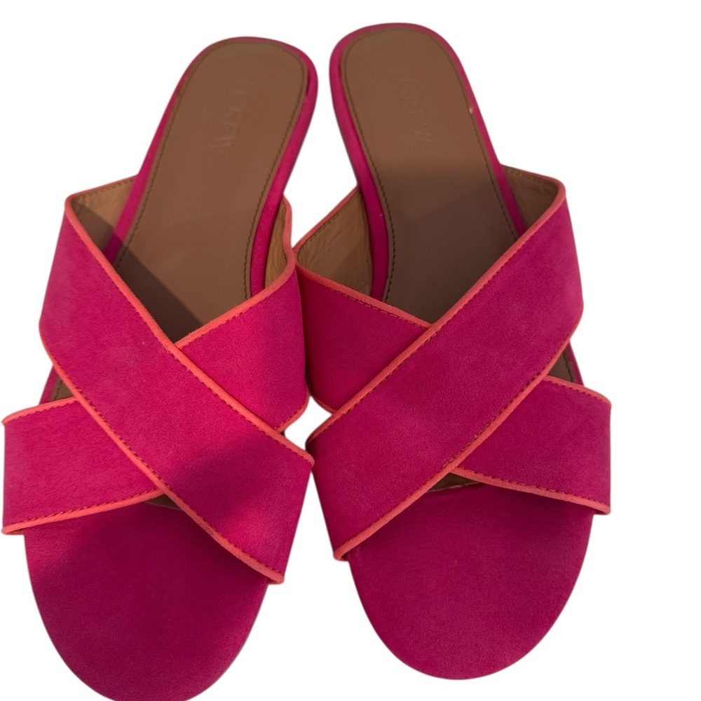 J. Crew Pink Suede Cross-Band Slide Sandals with Orange Trim 💗🍊